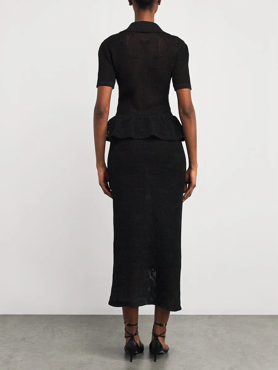 Black Sheer Ruffle Button Midi Dress