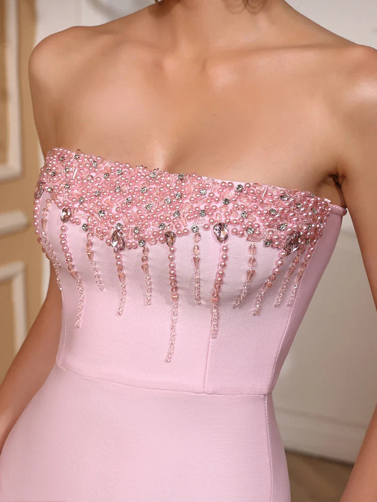 Pink Pearl Beaded Bandage Maxi Dress - Backless Evening Party Gown