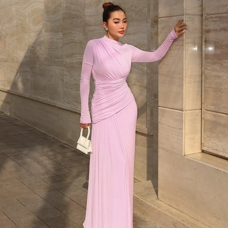 Irregular Pleated Long Sleeve Maxi Dress – O-Neck Floor-Length Silhouette