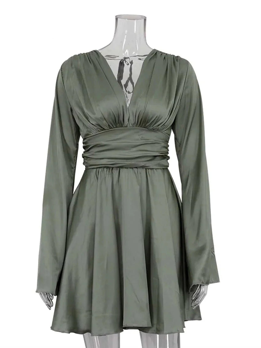 Elegant Green Satin V-Neck Pleated Mini Dress