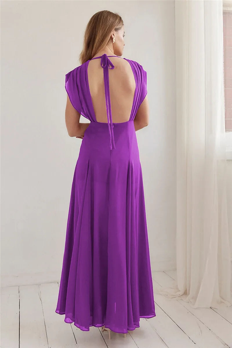 Purple Deep V Neck Scarf High Split Maxi Dress