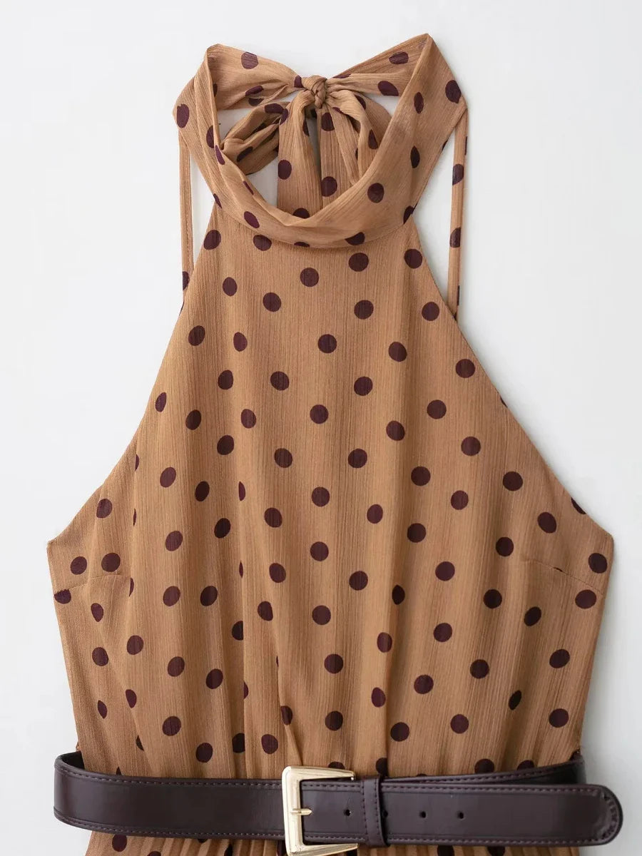 Brown Polka Dot Pleated Halter Dress | Belted Autumn Midi
