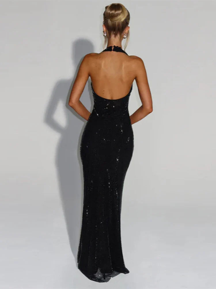 Deep V-Neck Sequin Fishtail Dress – Sleeveless Backless Beach Party Gown
