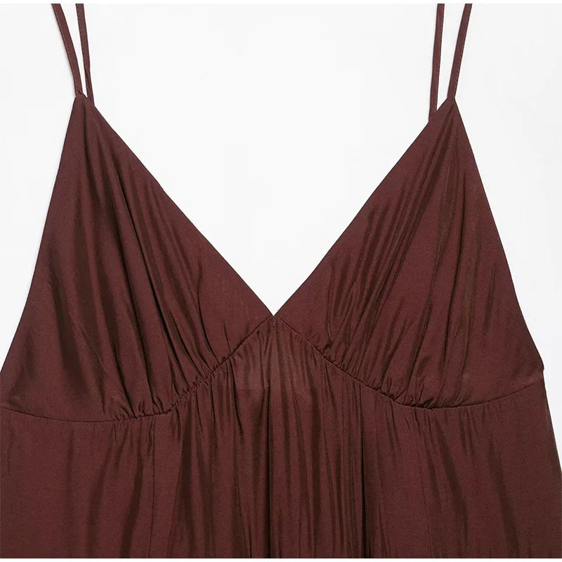 Brown Pleated V-neck Long Dress