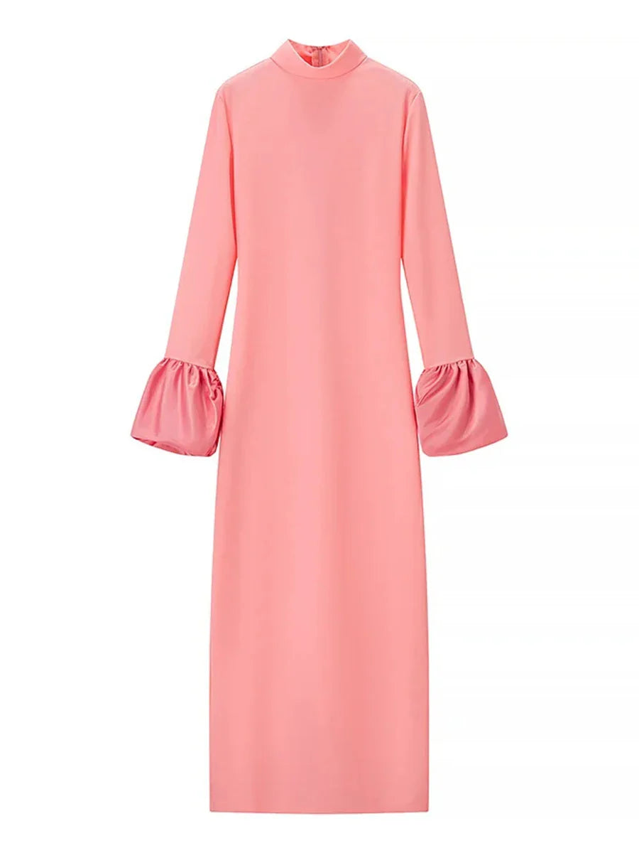 Pink Statement Sleeve Gown | Elegant High Neck Maxi Dress