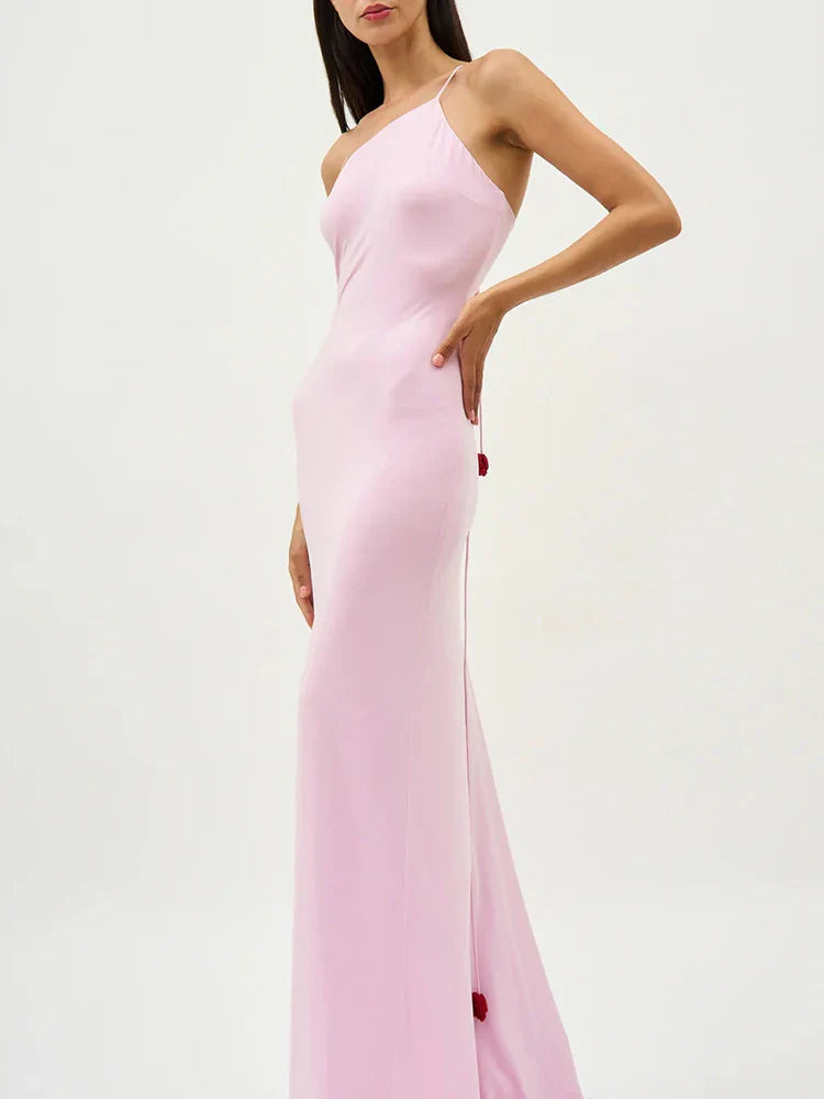 Pink 3D Flower Diagonal Strap Maxi Dress
