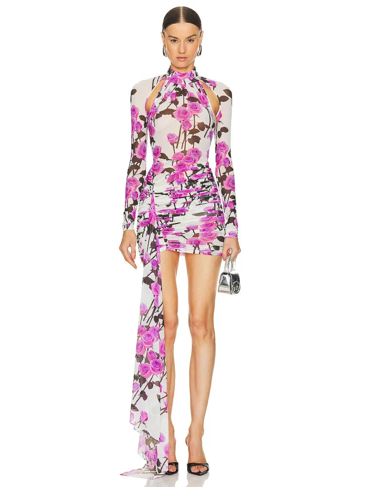 Floral Print Long Sleeve Cut Out Ruched Mini Dress