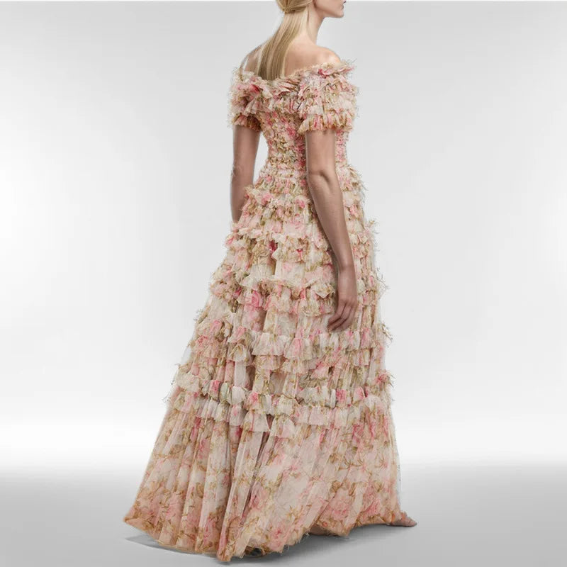Print Ruffle Mesh Off-shoulder Maxi Dress
