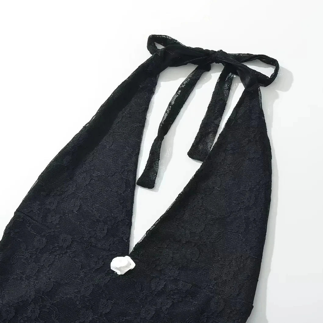 Black Lace Halter Backless Mini Dress | Chic Party & Clubwear