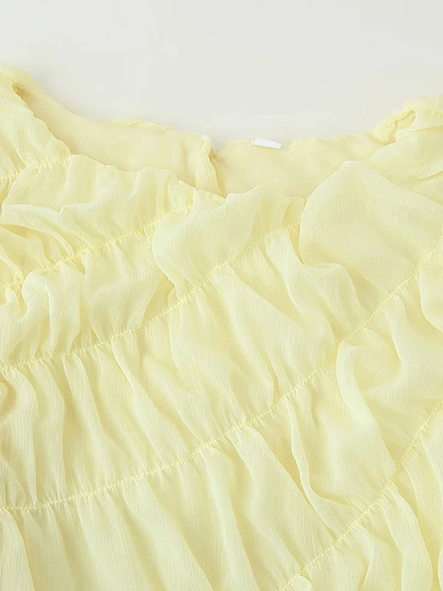 Soft Yellow Pleated Maxi Dress | Long Sleeve Elegant Lounge Look