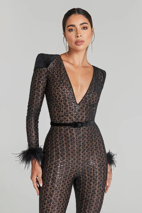Black Sequin Feather Bodycon Jumpsuit with Belt