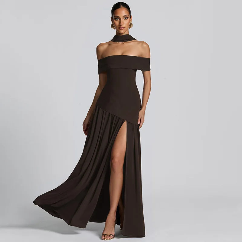 Off Shoulder Pleated Maxi With Scarf