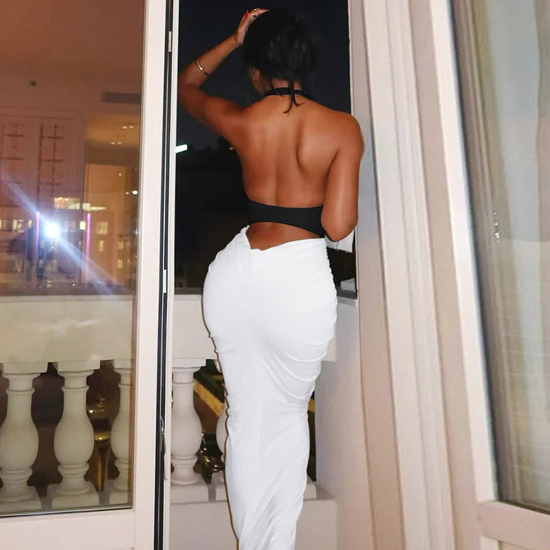 Halter Backless Maxi Dress | Ruched Patchwork Sheath Gown