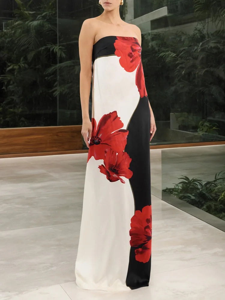 Strapless Flower Print Maxi Dress