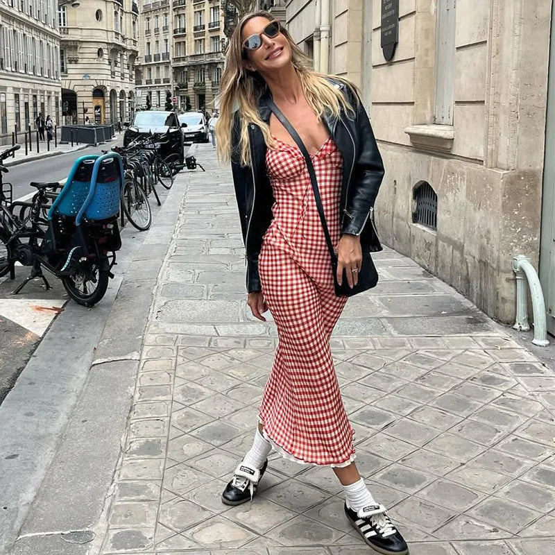 Red Gingham Lace-Up Maxi Dress | Picnic-to-Party Statement