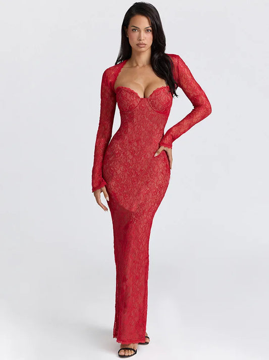 Red Lace Sheer Sleeve Removable-Sleeve Maxi Dress