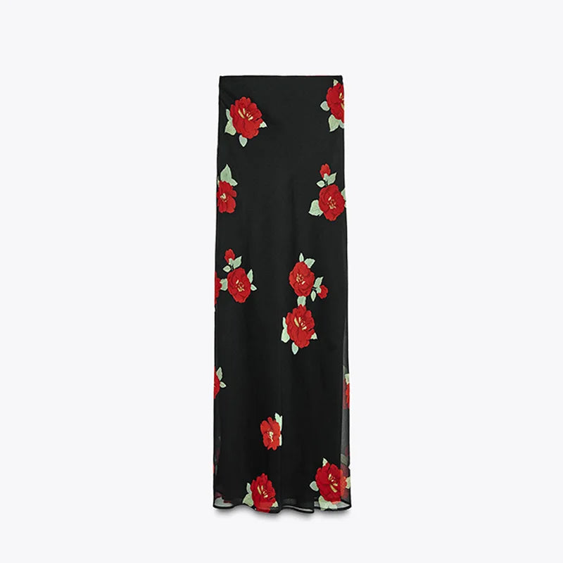 Black skirt with red floral pattern on a white background