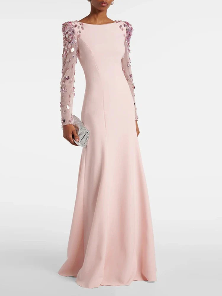 Dark Blue & Pink Sequin A-Line Evening Dress