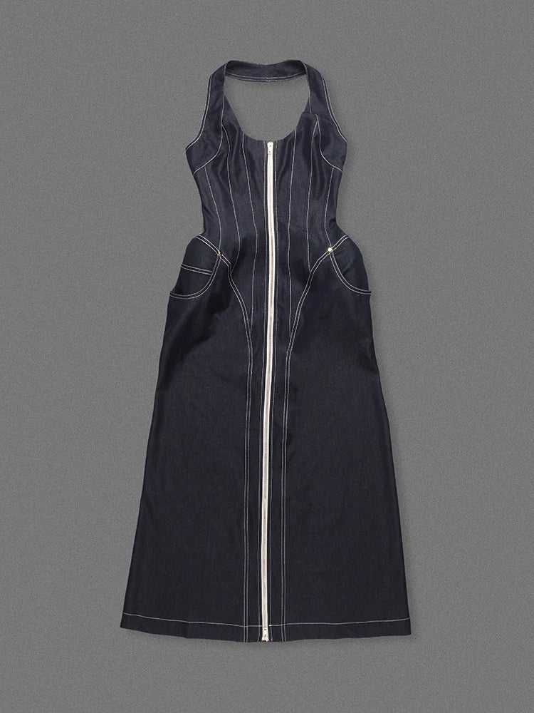 Denim Halter Neck Backless Maxi Dress