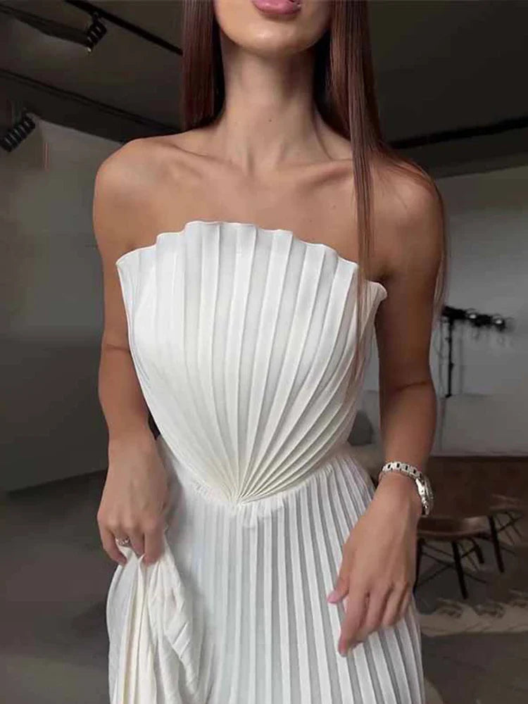 White Elegant Tube Pleated Maxi Dress