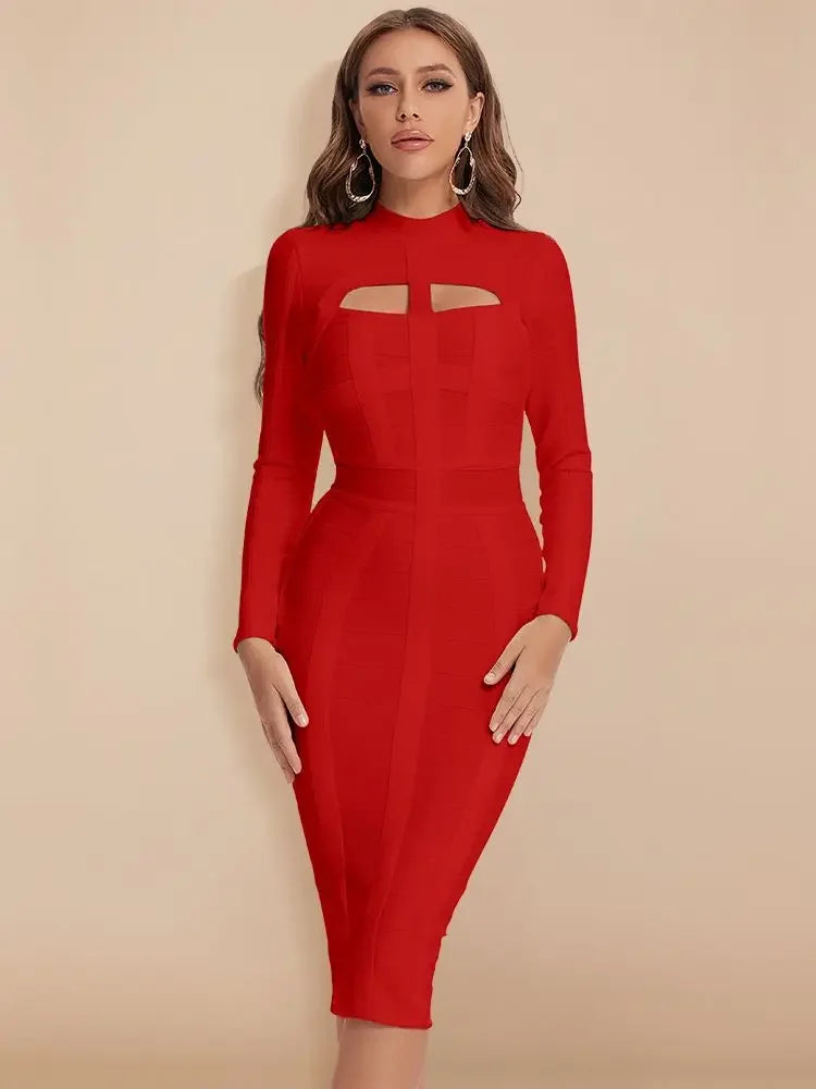 Red dress with cut-out design on a beige background