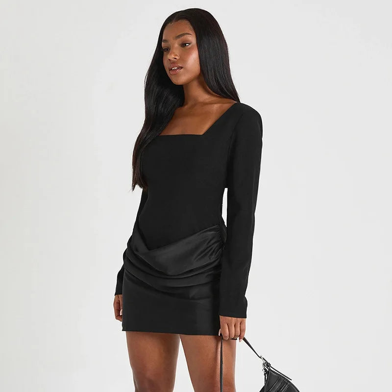 Square Neck Mini Dress with Satin Drape and Long Sleeves