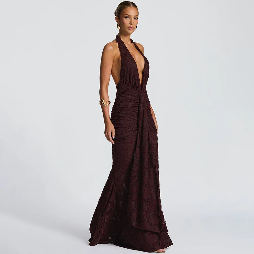 Red Halter Backless Maxi Dress | Elegant Empire Waist Gown