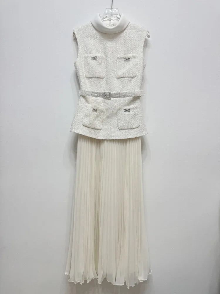 White Bow Pocket Tweed Chiffon Long Dress