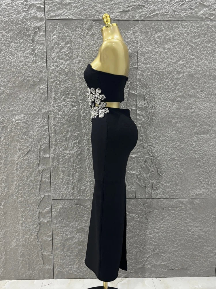 Black Diamond Flower Two-Piece Bodycon Long Dress