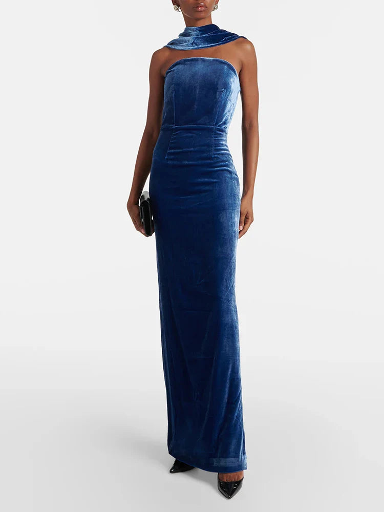 Blue Velvet Strapless Pleated Dress | Backless Bodycon Gown