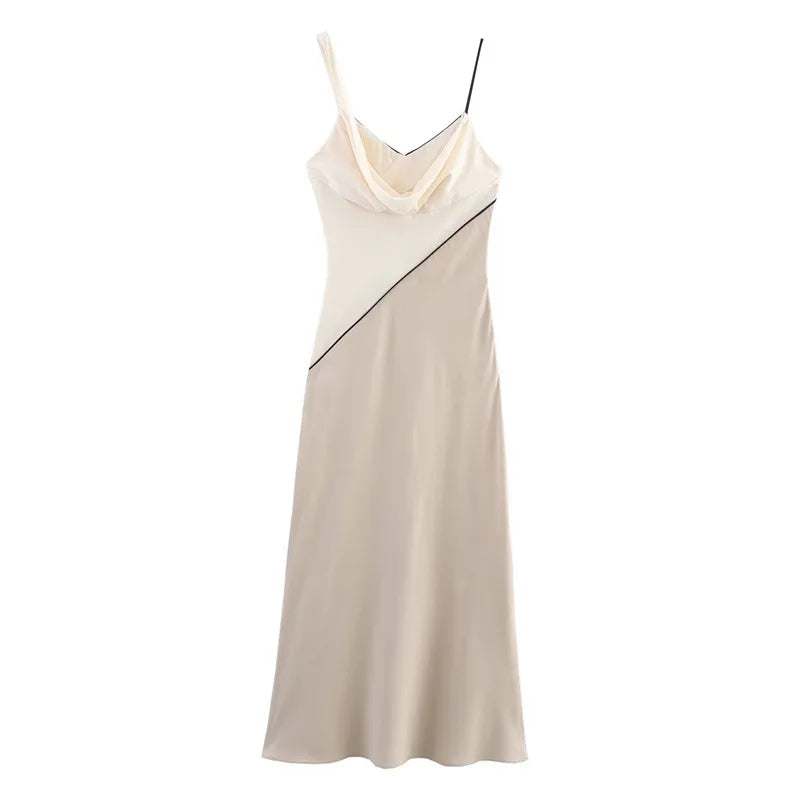 Beige slip dress with thin black straps 