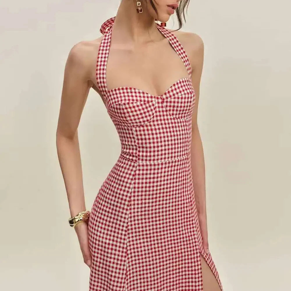 Red Checkered Halter Dress – Summer Picnic Slit Midi with Tie-Back