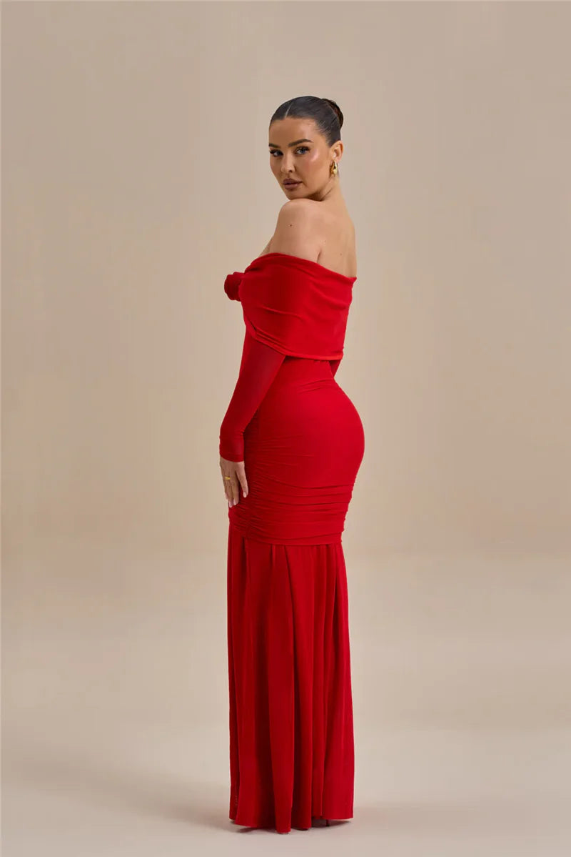 Off-Shoulder Rose Ruched Bodycon Maxi Dress