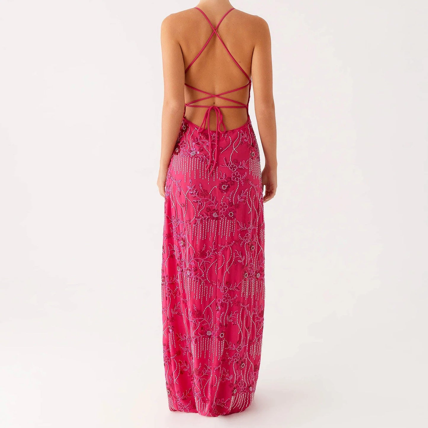Sequin Sparkly Maxi Dress - V- Neck Floral Cami Long Dress