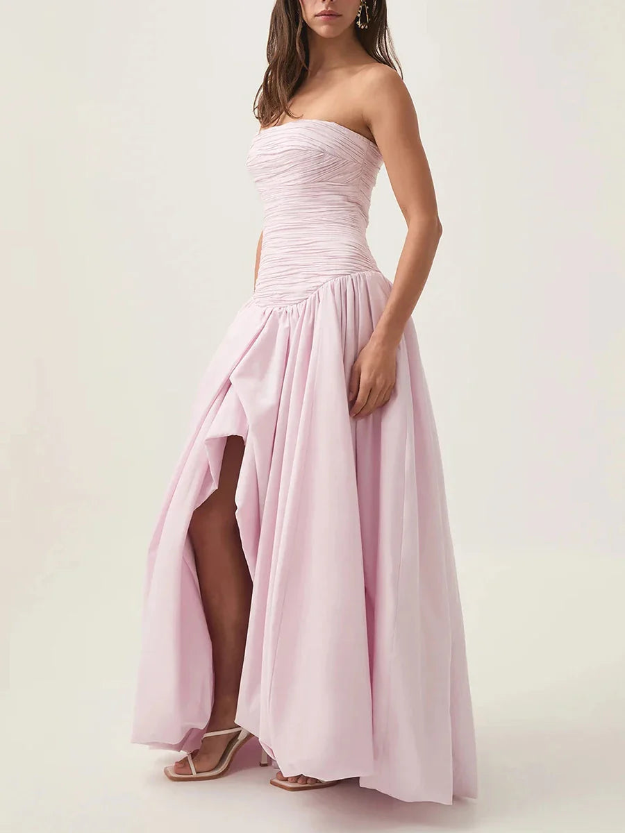 Strapless Puffs Dress – Ruched Bodice & High-Slit Elegance