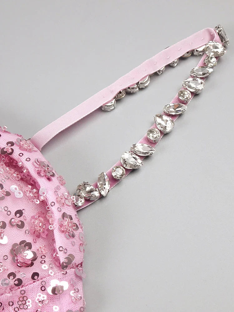 Pink Crystal Sequin Slip Gown | Sweetheart Neck Spaghetti Strap