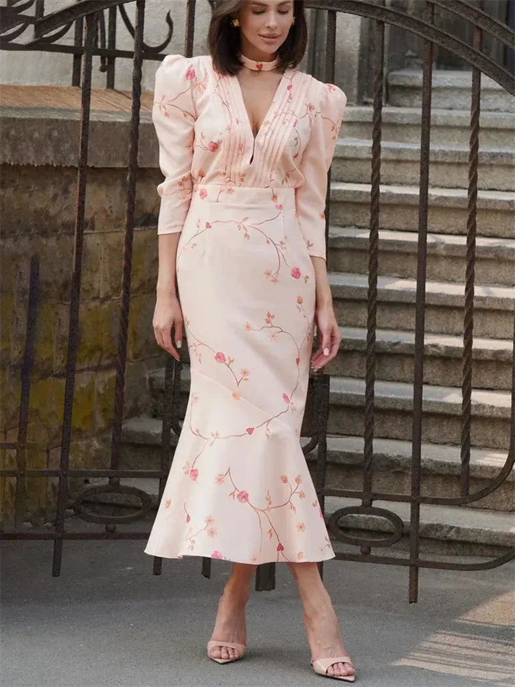 Peach Floral Chiffon Dress | Vintage-Inspired Midi for Garden Soirées