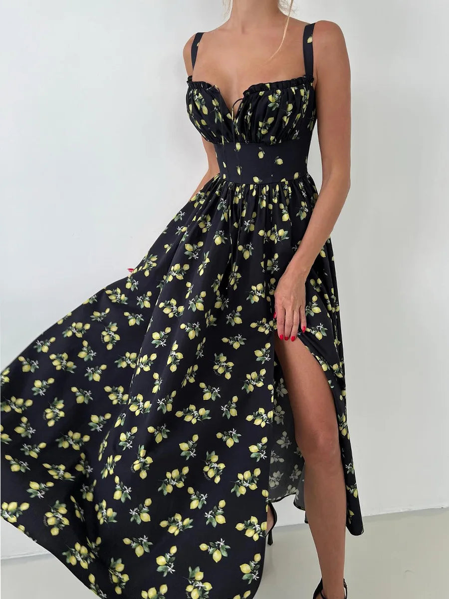 Black Floral V-Neck Maxi Dress with Slit