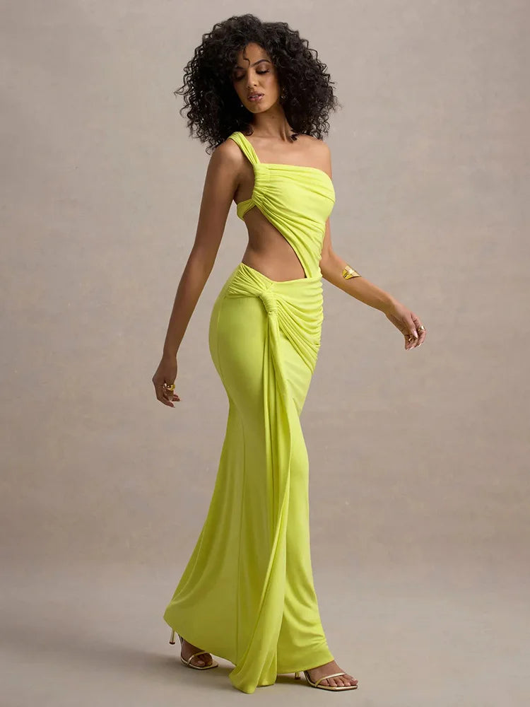 Draped Irregular Strap Cut Out Ruched Maxi Dress