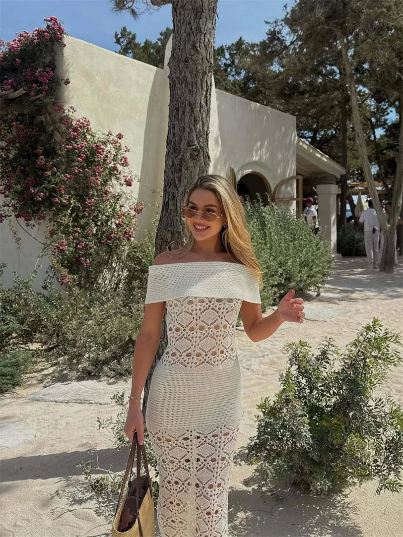 Off-Shoulder Knit Maxi Dress | Hollow-Out Party Look