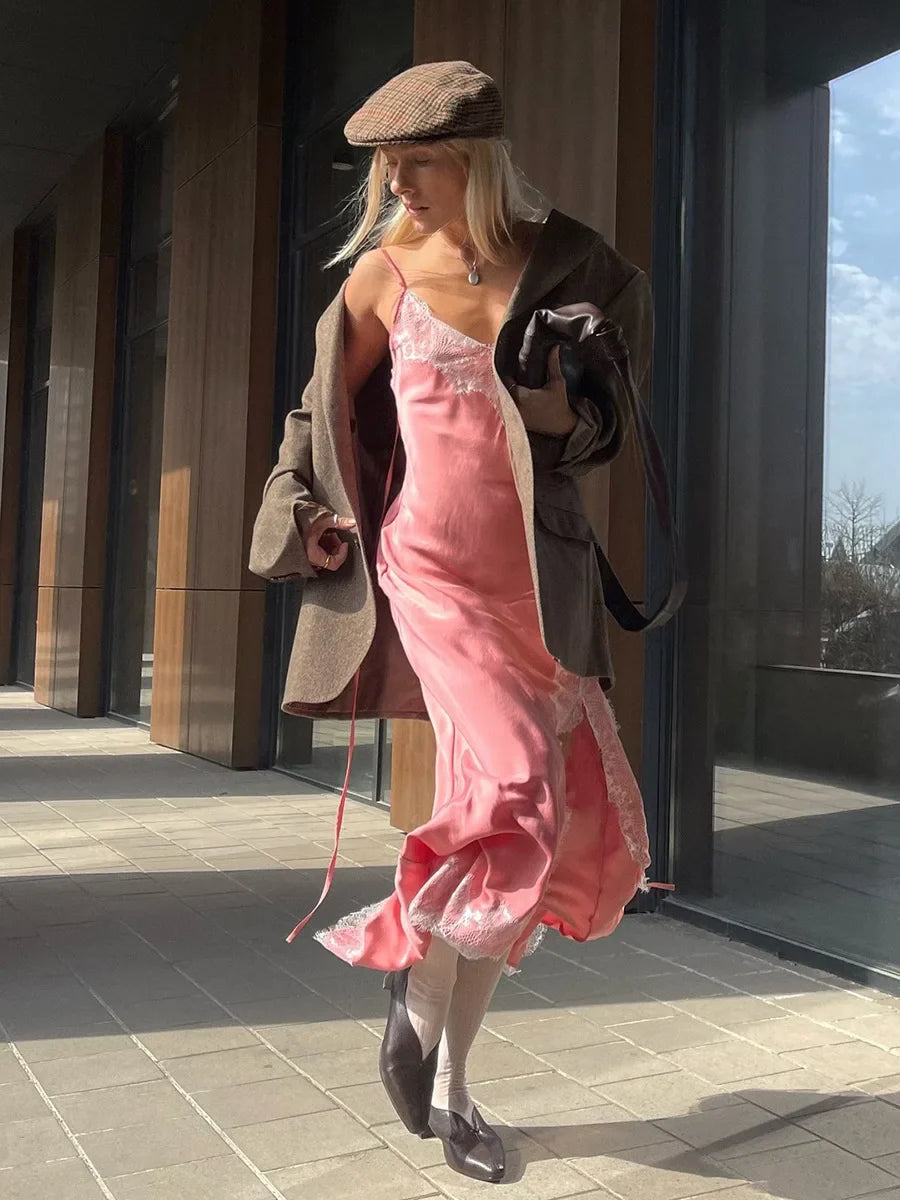 Lace Trim Satin Gown | Elegant Backless Evening Dress