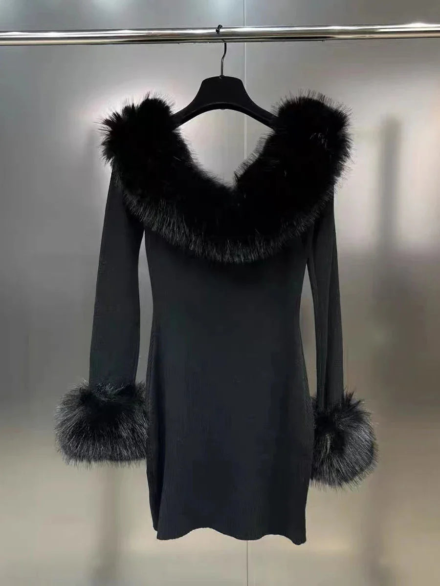 Black Off-Shoulder Fur Trim Mini Dress
