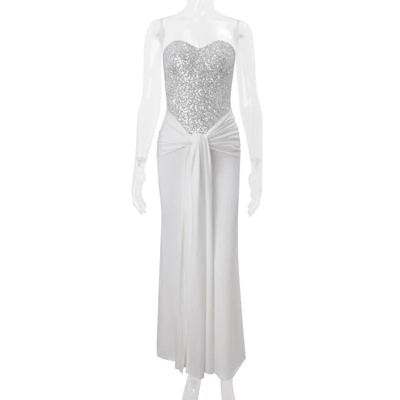 White Strapless Sequin Gown | Elegant Mesh Maxi Dress
