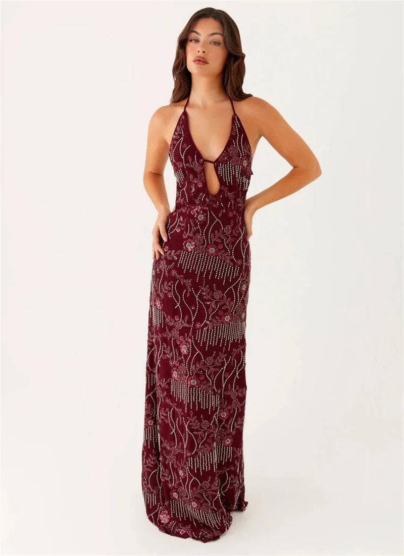 Burgundy Sequin Halter Gown | Cutout Evening Maxi Dress