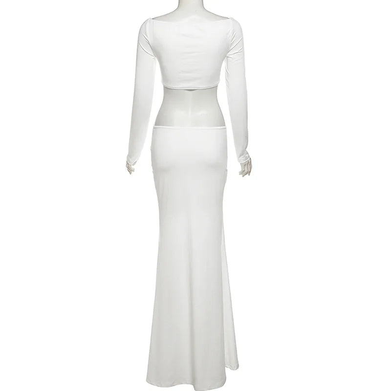 White Cut-Out Slash Neck Maxi Dress | Knit Party Statement