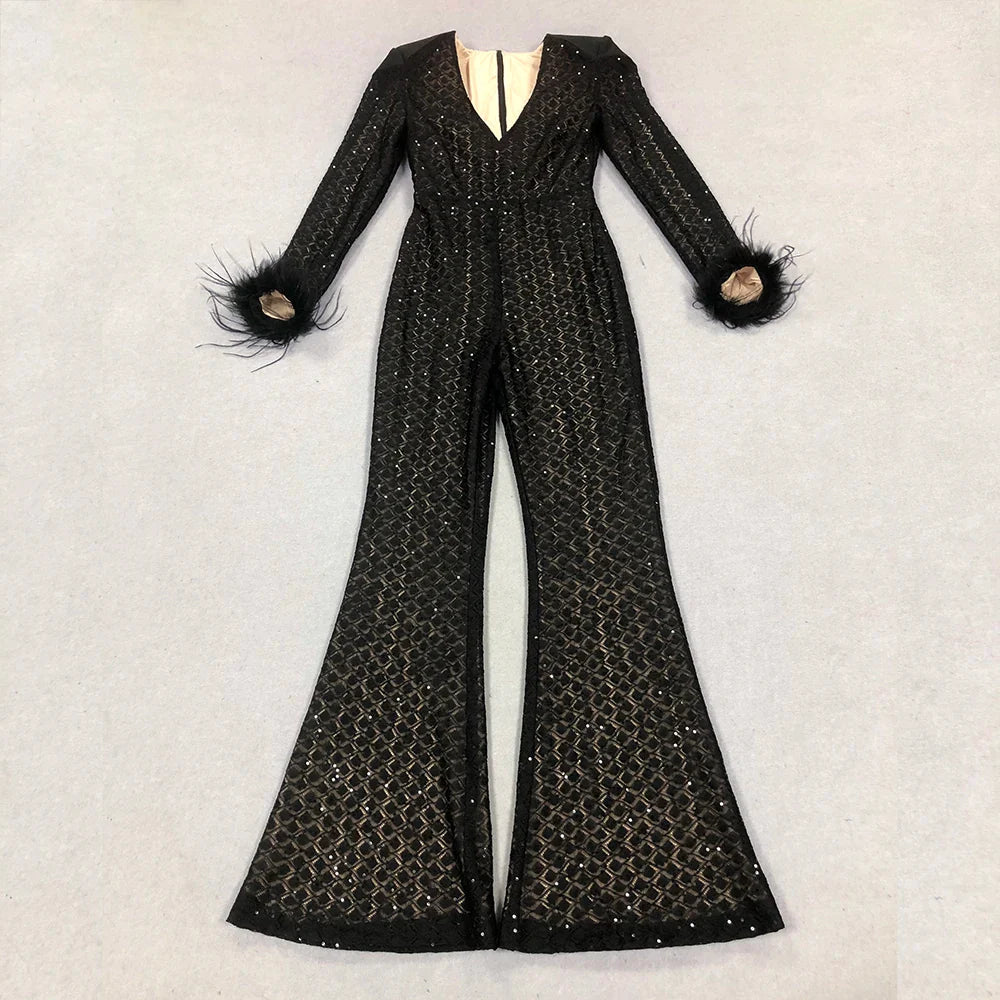 Black Sequin Feather Bodycon Jumpsuit with Belt