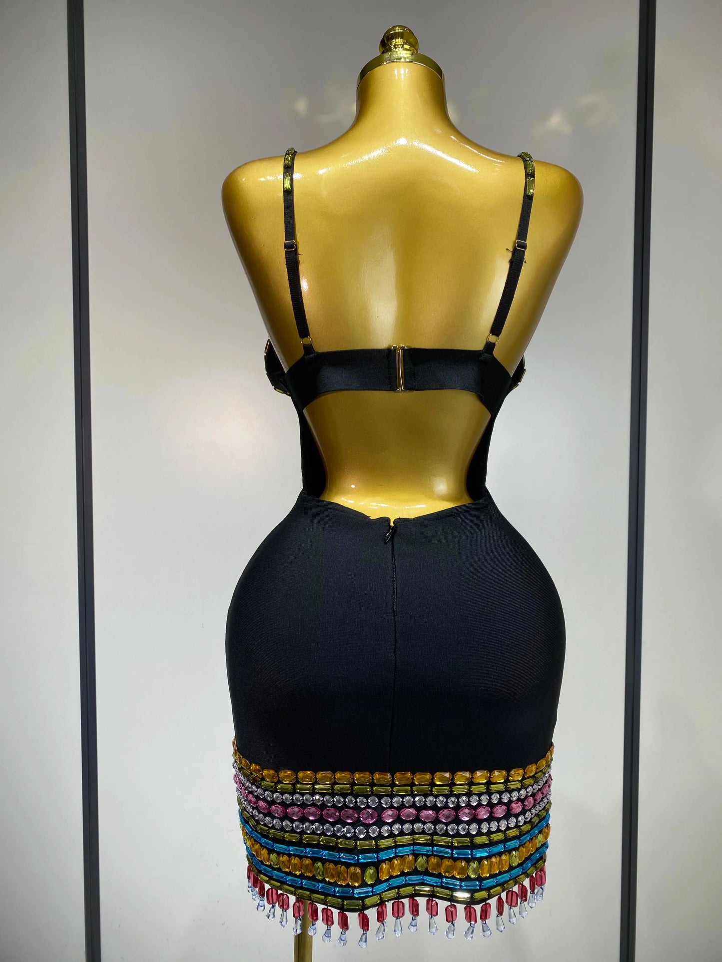 Black Sparkly Colorful Diamonds V-Neck Bodycon Mini Dress