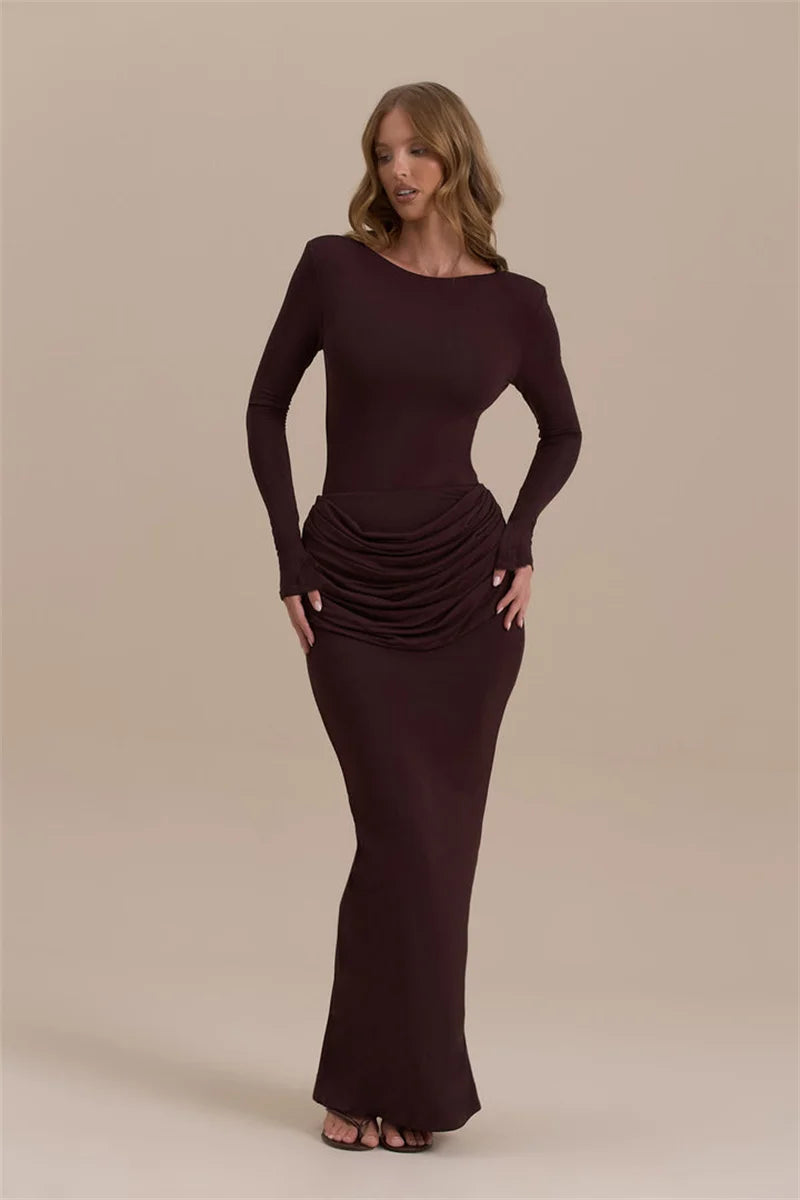 Long Ruched Grey Gown | Sleek Stretch Floor-Length Dress