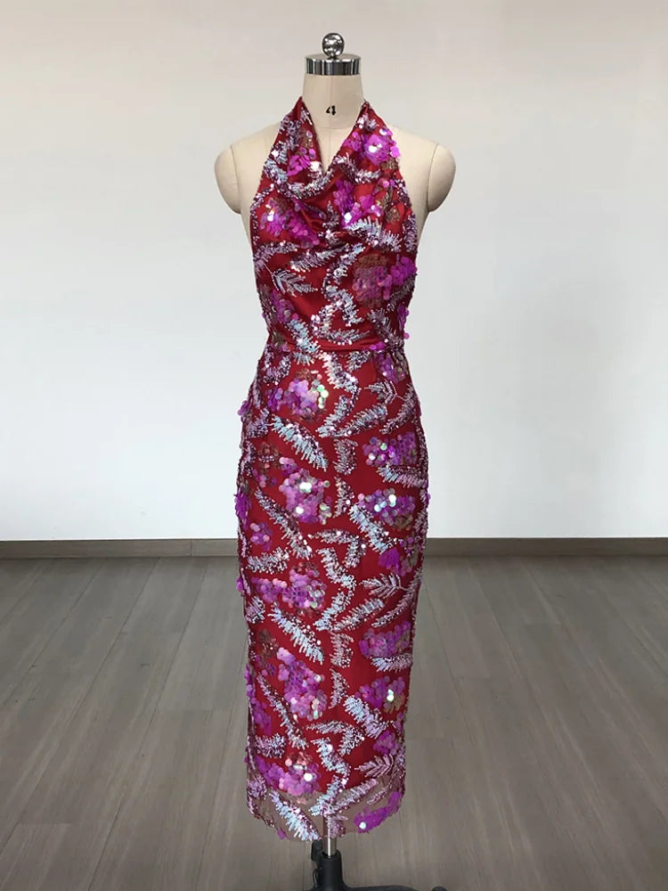 Pink Halter Sequin Midi Dress with Draped Neck Detail
