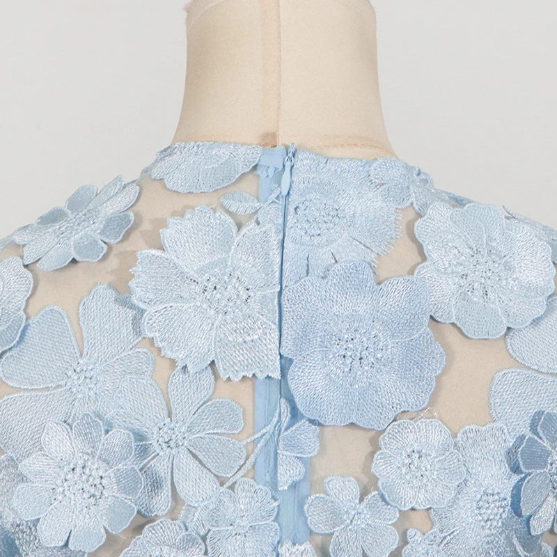 Light Blue Lace Appliqué Midi Dress | Sleeveless Elegant Floral Mesh Gown